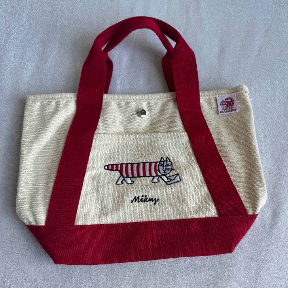 Lisa Larson Mikey Cat Canvas Tote Bag Red Japan Embroidered Small Handbag Kawaii